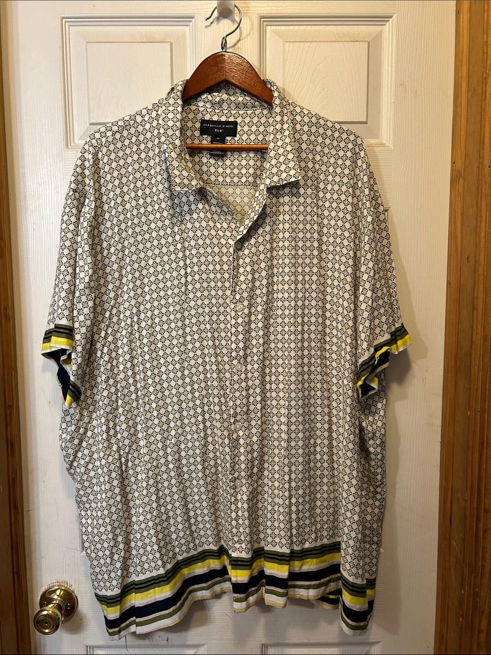Men's Short Sleeve Button Shirt - White Pattern with Yellow & Black Trim